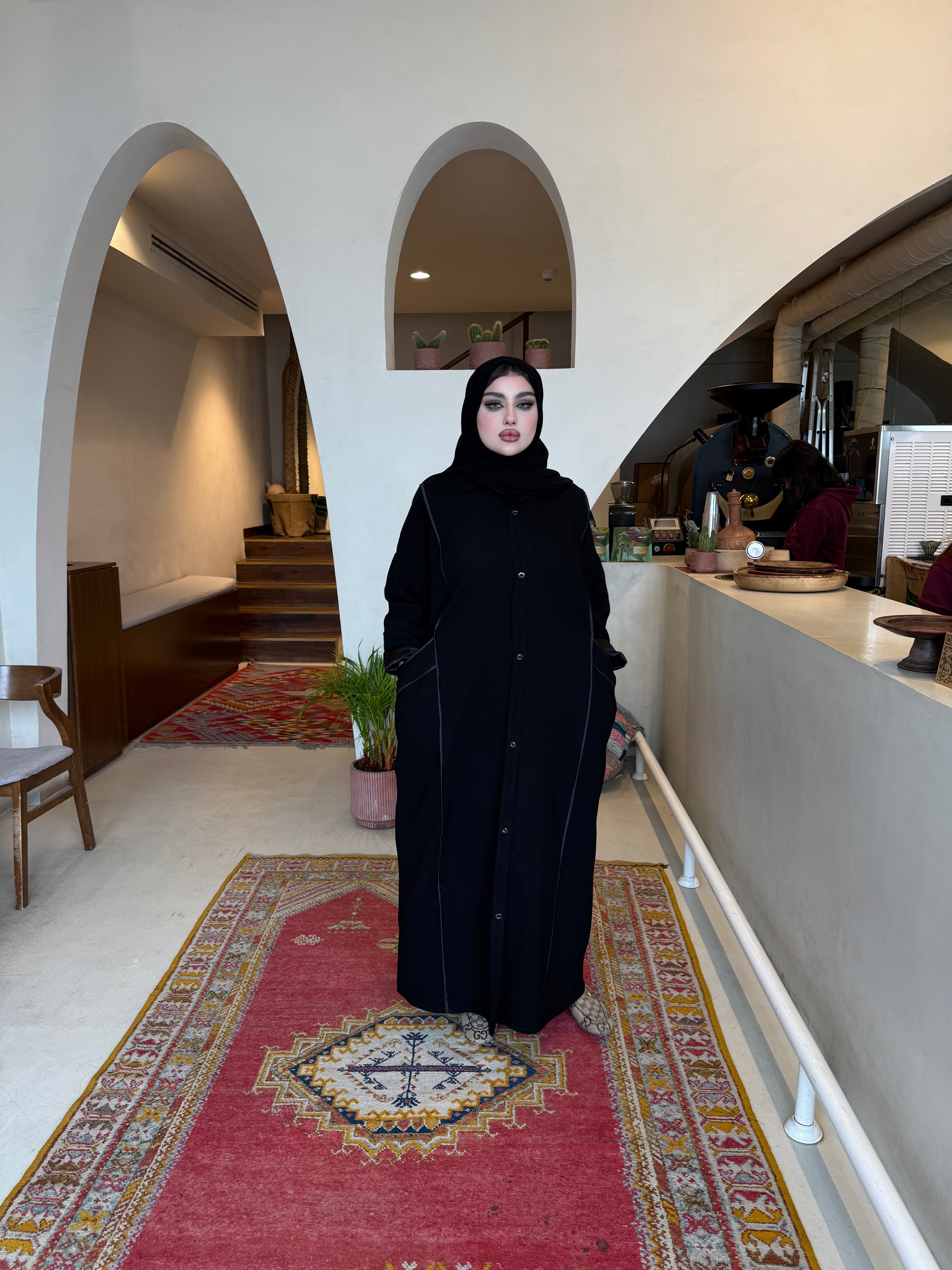 Black crepe abaya with satin trim