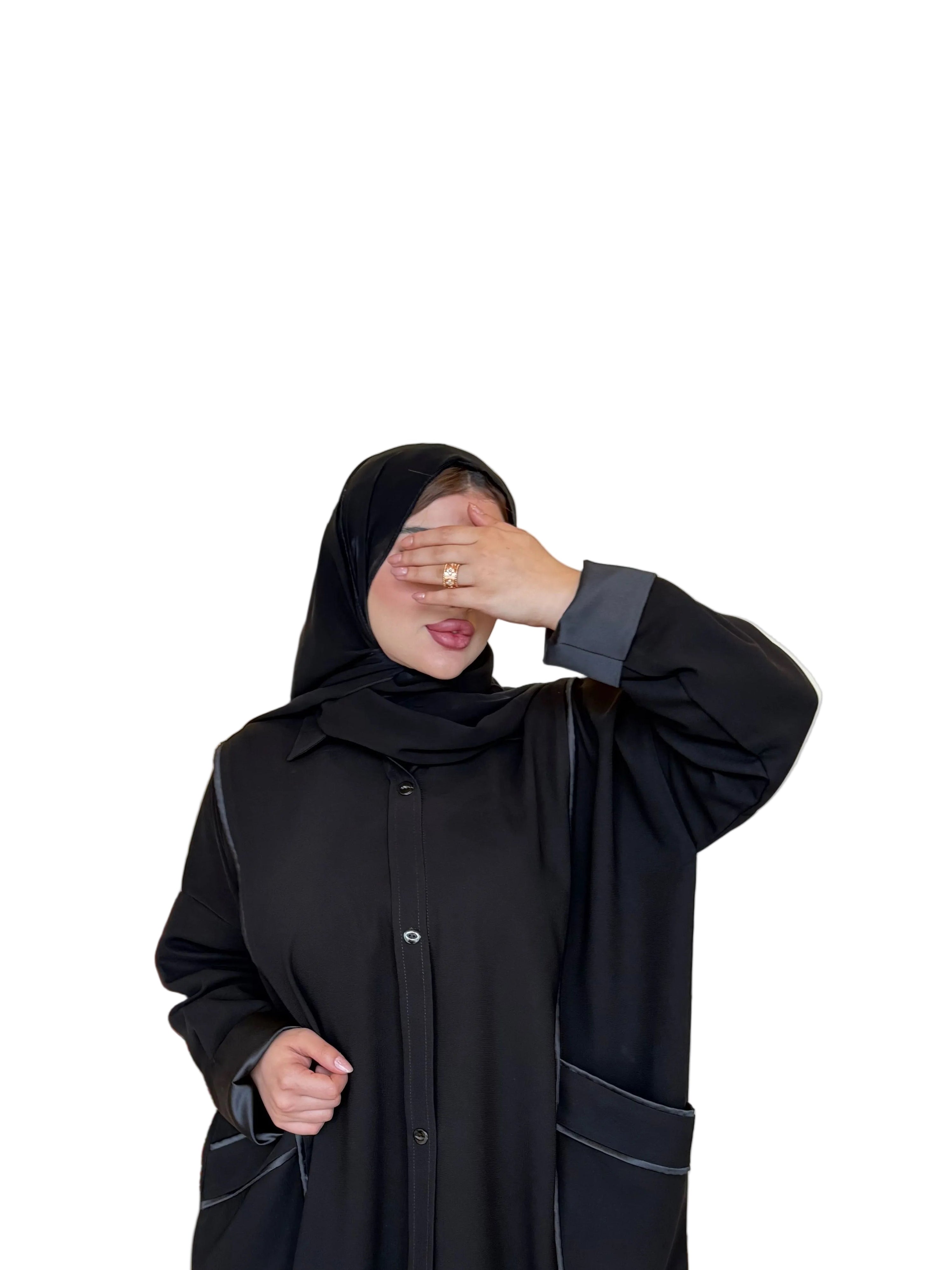 Black crepe abaya with satin trim