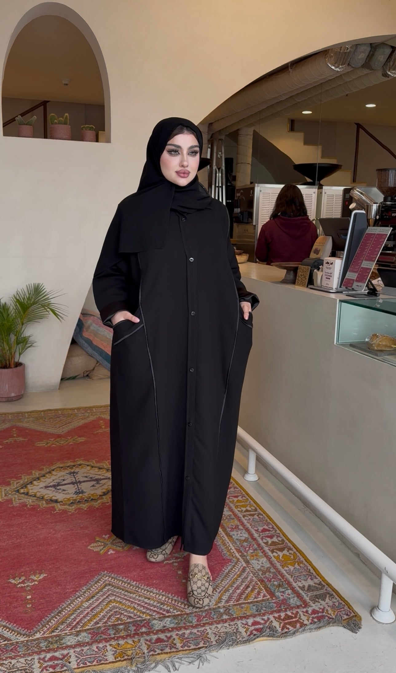 Black crepe abaya with satin trim