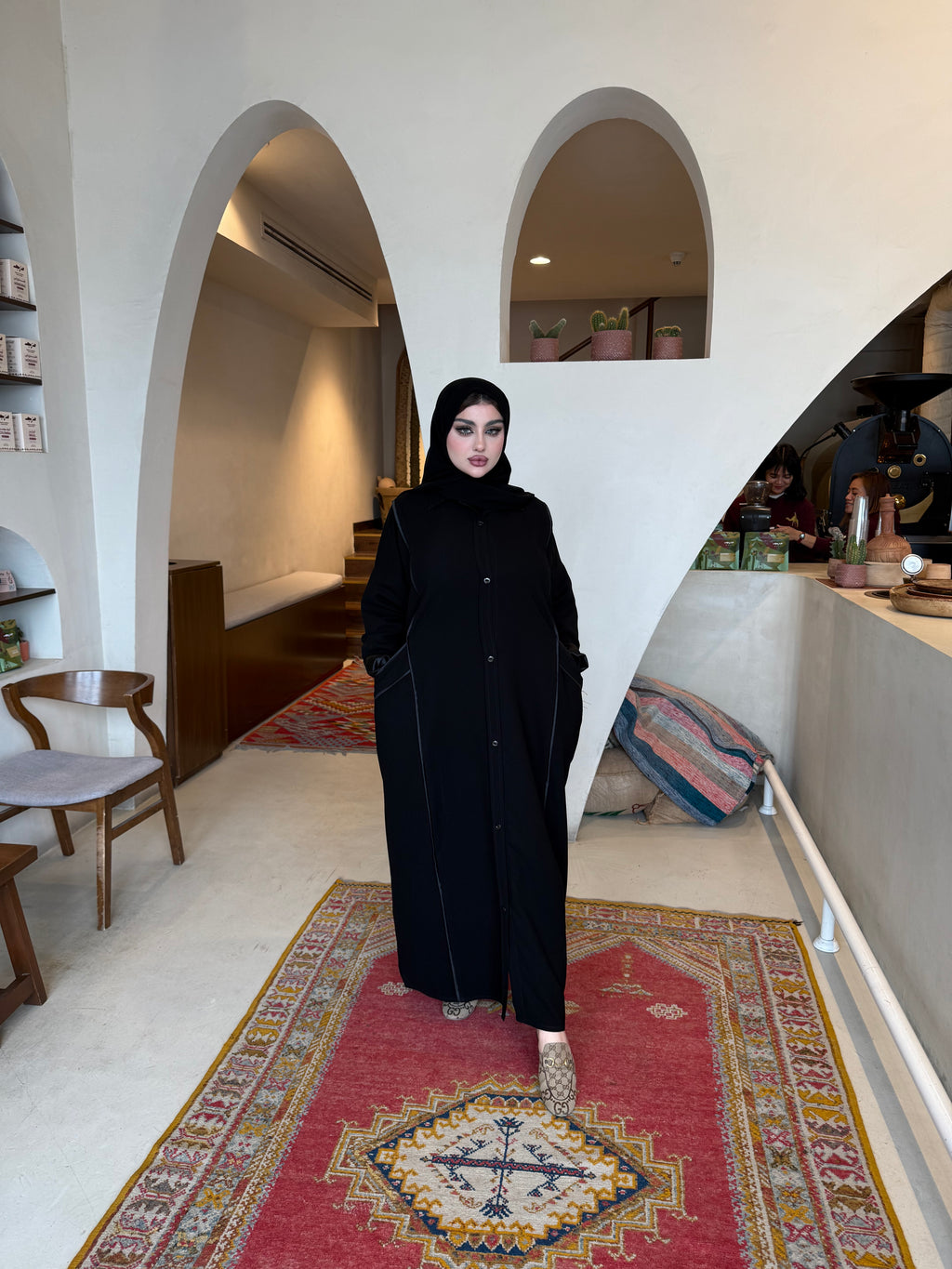 Black crepe abaya with satin trim