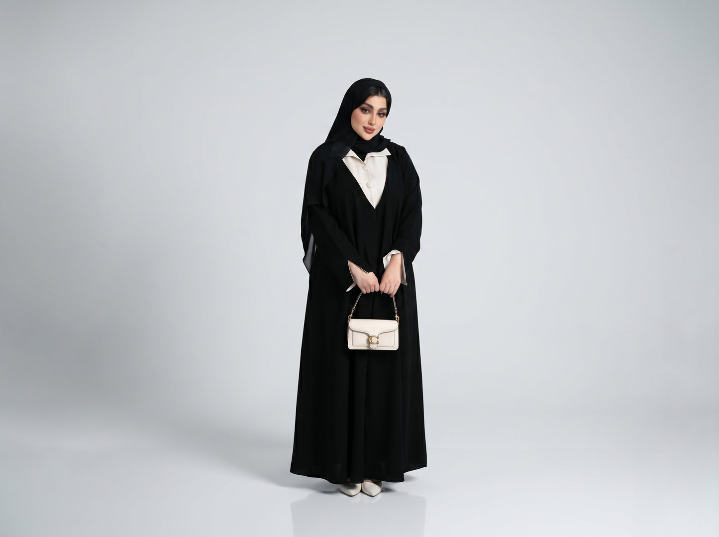 BLACK CREPE WITH BEIGE STITCHED COLLAR