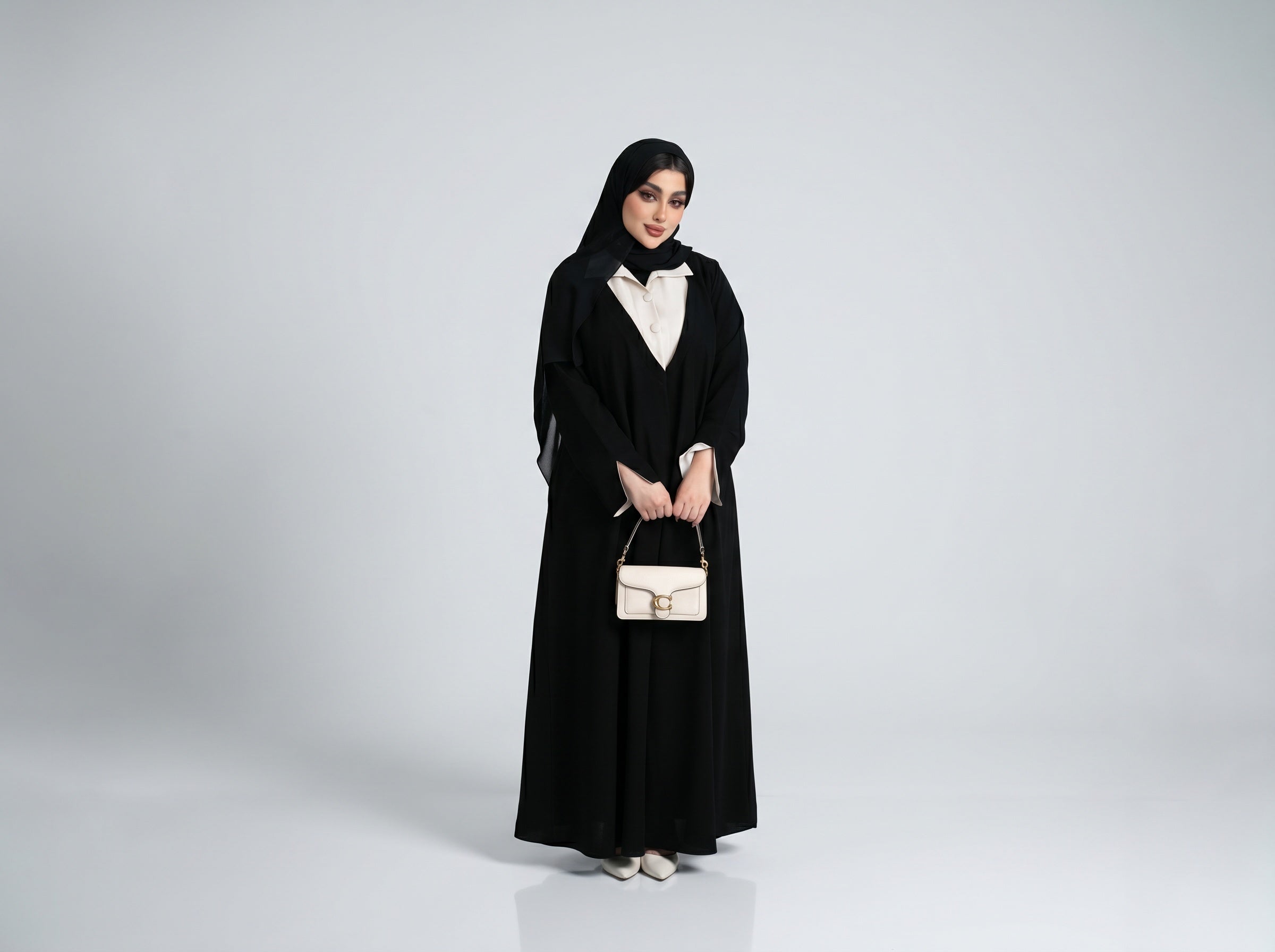 BLACK CREPE WITH BEIGE STITCHED COLLAR
